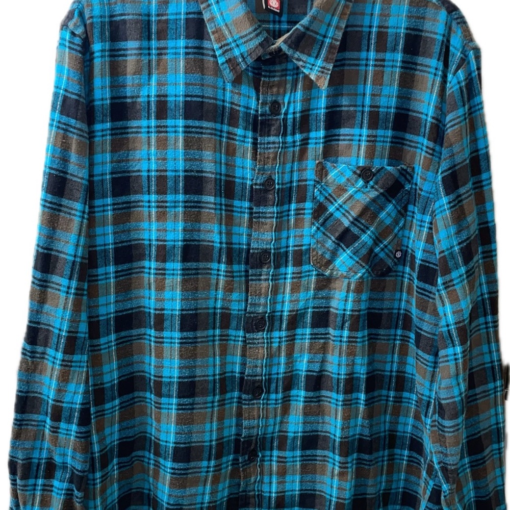 Element XL Blue Brown Plaid Flannel 100% Cotton Button Up Grunge Y2K Skate